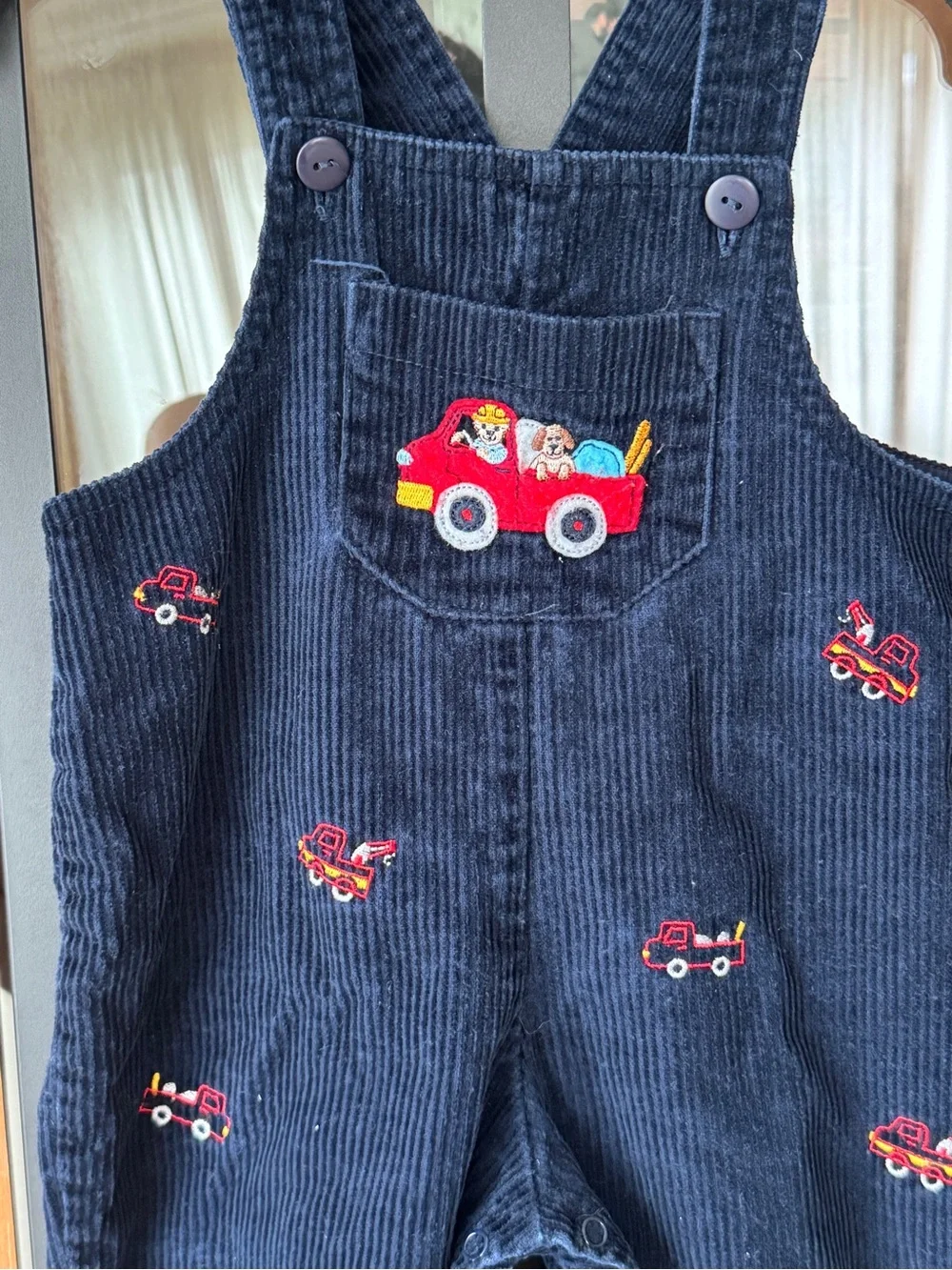 Vintage embroidered baby overalls corduroy navy fire trucks puppy dogs boy